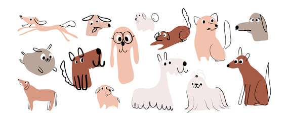 Set of cute dogs vector. Lovely dog and friendly puppy abstract doodle pattern in different poses and breeds with flat color. Adorable funny pet characters hand drawn collection on white background. © TWINS DESIGN STUDIO