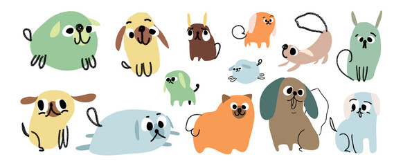 Set of cute dogs vector. Lovely dog and friendly puppy abstract doodle pattern in different poses and breeds with flat color. Adorable funny pet characters hand drawn collection on white background. - obrazy, fototapety, plakaty