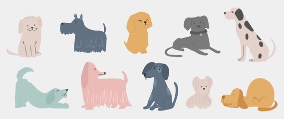 Set of cute dogs vector. Lovely dog and friendly puppy abstract doodle pattern in different poses and breeds with flat color. Adorable funny pet characters hand drawn collection on white background. - obrazy, fototapety, plakaty