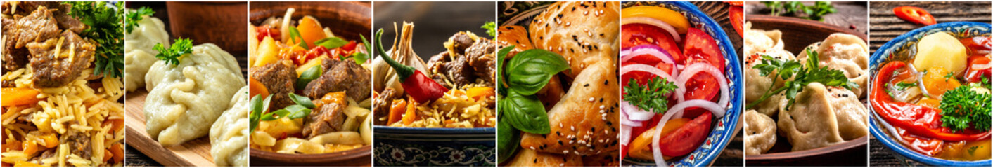 Uzbek and Central Asia cuisine concept. Assorted Uzbek food pilaf samsa lagman manti shurpa Uzbek restaurant concept Uzbek food. Long banner format. - obrazy, fototapety, plakaty