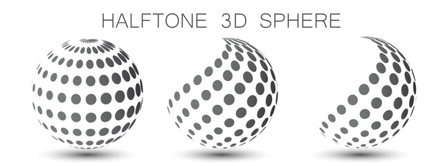 Halftone 3d sphere. Abstract vector element made of black dots on a white background. Logo with shadow.