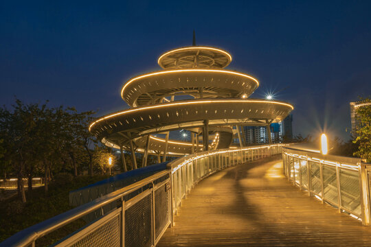 A special iconic building at night in Sanshan New City in Nanhai, Foshan, Guangdong, China