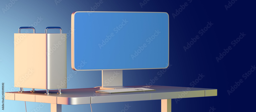 Poster computer screen. place for text on blue. table with system unit and computer. workplaces of office w
