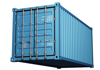 Metal cargo tare. Container for sea transportation. Transport closed container. Sea transportation and logistics. Realistic metal tare style. Blue container isolated on white. 3d rendering.