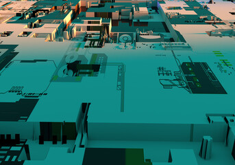 Computer abstract background. Line of electronic boards and processors. Green computer background. Wallpaper on theme of electronics. Pattern of electronic boards. PCB backdrop. 3d rendering.