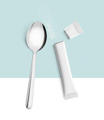 Realistic torn stick with spoon mockup. Possibility use for sugar, granulated, powder products. Vector illustration. EPS10.	