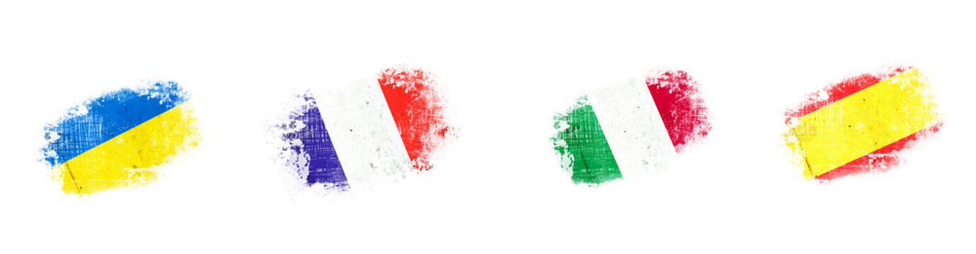 Grunge flags, Ukraine. France. Italy. Spain. Isolated on white background Signs and symbols