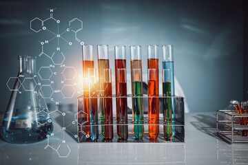 Scientists are preparing test tubes containing a large number of chemical and chemical structural formulas in the Science Laboratory to research antiretroviral drugs, a future world maintenance idea.