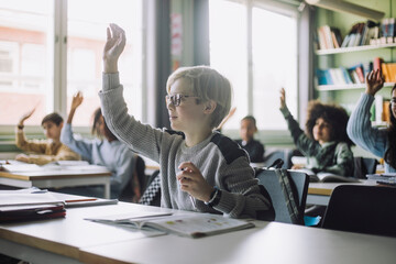 Boy with hand raised attending lecture in classroom