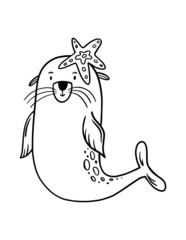 Fur seal with star coloring page for kids. Simple ocean animal illustration on white background.