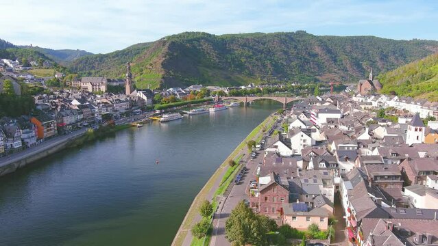 Cochem, Germany: Aerial view of picturesque town in lush valley of river Moselle - landscape panorama of Europe from above 