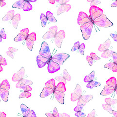 Seamless pattern with fluttering watercolor butterflies on a white background.