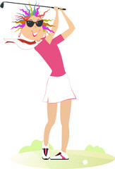 Cartoon golfer woman on the golf course illustration. Funny golfer woman in sunglasses with a golf club tries to do a good shot isolated on white background