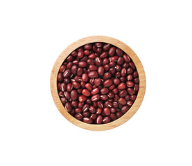 Adzuki beans or red mung beans in wooden bowl isolated on white background.Top view