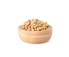 Soybeans in wooden bowl isolated on white background.