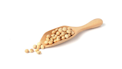 Soybeans in Wooden scoop isolated on white background