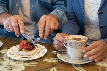 Senior couple having breakfast at coffee shop with a small fresh fruit cake and cup of cappuccino in artistic ceramic mug.