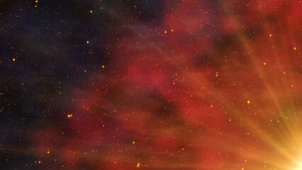 8K abstract red circular nebula effect with golden sparkles. Artist rendition of gaseous, ethereal...