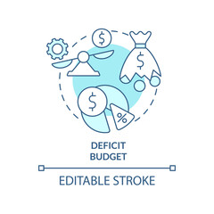 Deficit budget turquoise concept icon. Expenses exceed revenue. Budgeting abstract idea thin line illustration. Isolated outline drawing. Editable stroke. Arial, Myriad Pro-Bold fonts used