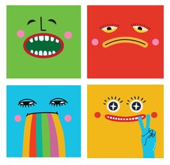 Collection of crazy Abstract comic characters geometric elements and faces. Bright colors Cartoon style. Vector Illustration