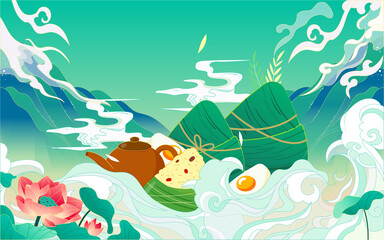 Naklejka na ściany i meble Dragon boat race on dragon boat festival, eating zongzi traditional food, vector illustration