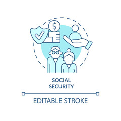 Social security turquoise concept icon. Retirement income and insurance. Expenditures abstract idea thin line illustration. Isolated outline drawing. Editable stroke. Arial, Myriad Pro-Bold fonts used