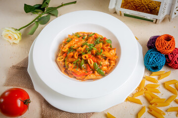 Spicy Penne Masala pasta withraw tomato in a bowl isolated on background side view