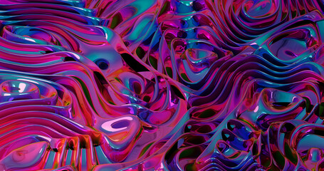 Fototapeta premium Iridescent abstract pink and purple background. Render vivid cosmic surface with reflection and ultraviolet gradient. Abstract trendy metallic background