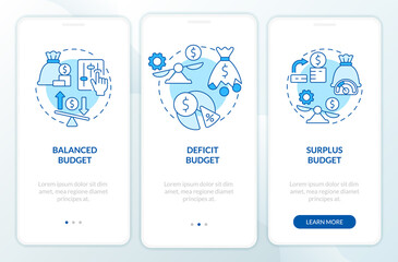 Budget classification blue onboarding mobile app screen. Financial plan walkthrough 3 steps graphic instructions pages with linear concepts. UI, UX, GUI template. Myriad Pro-Bold, Regular fonts used