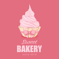 Sweet cupcake logo with pink cream and a bow on a pink background