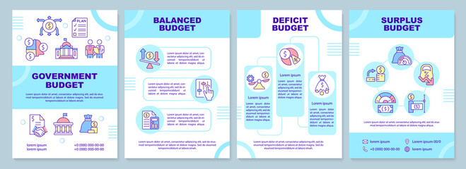 Government budget types brochure template. National budgeting. Leaflet design with linear icons. 4 vector layouts for presentation, annual reports. Arial-Black, Myriad Pro-Regular fonts used - obrazy, fototapety, plakaty