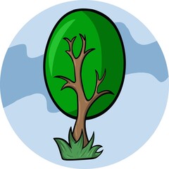Cartoon tree with oval beautiful crown, cartoon cute tree for decoration and design, vector illustration