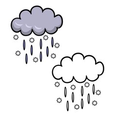 A set of color and monochrome images. Fluffy dark cloud with rain and snow drops, vector