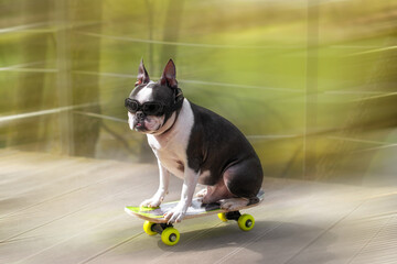 The Boston Terrier dog rides a long board, goes very fast with speed on a skateboard in sunglasses on a summer vacation near the beach with pleasure in summer.