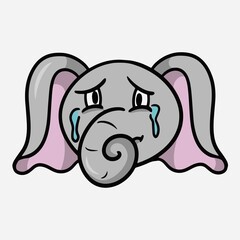 Sad cute little elephant with tears cartoon elephant emotions, character crying, vector