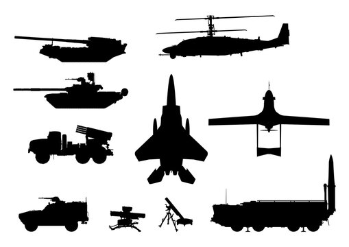 Modern weapons silhouette set. Artillery, multiple launch rocket system, MLRS, airplane, helicopter, armored vehicle, drone, tank and grenade launcher. Vector EPS10.