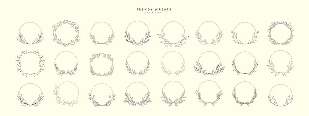 Set of floral decoration wreath and round labels. Branch and minimalist flowers. Hand drawn line wedding herb, elegant leaves for invitation save the date card. Botanical rustic trendy