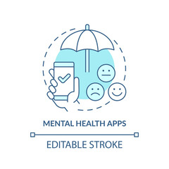 Mental health apps turquoise concept icon. Software for wellbeing. Psychotherapy abstract idea thin line illustration. Isolated outline drawing. Editable stroke. Arial, Myriad Pro-Bold fonts used