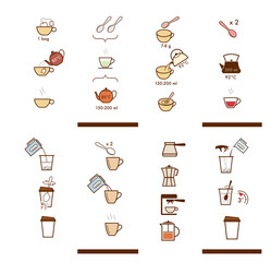 Set of methods of brewing tea and coffee. Preparation instructions. Vector elements for infographics. Set of sign for detailed guideline. Ready for your design. EPS10.