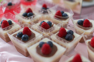 portions of sweet cakes with raspberries and blueberries for dessert