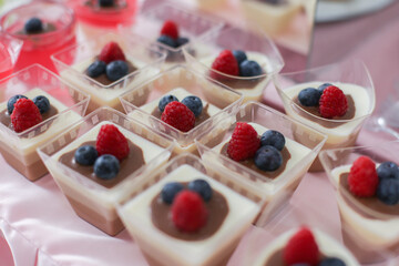 portions of sweet cakes with raspberries and blueberries for dessert