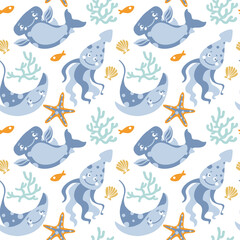 Ocean and babies animals. Octopus, shark, stingray. Childish illustration. Seamless pattern for fabric, wrapping, textile, wallpaper, apparel. Vector.