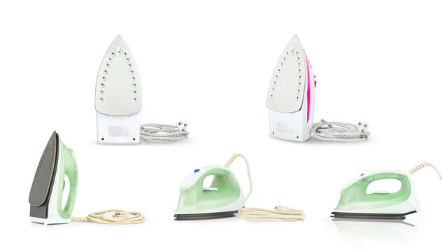set of steam iron isolated on white background. iron housework ironed electric tool clean white background. ironing steam housekeeping.