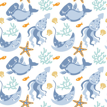 Ocean and babies animals. Octopus, shark, stingray. Childish illustration. Seamless pattern for fabric, wrapping, textile, wallpaper, apparel. Vector.