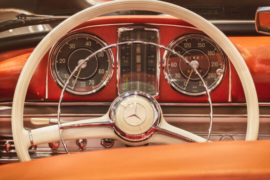 Interior of a classic red Mercedes SL Pagode convertible car in Essen, Germany on March 23, 2022