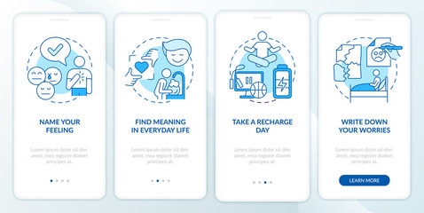 Improving mental health blue onboarding mobile app screen. Psychotherapy walkthrough 4 steps graphic instructions pages with linear concepts. UI, UX, GUI template. Myriad Pro-Bold, Regular fonts used