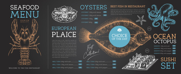 Chalk drawing seafood restaurant menu design with hand drawing fish. Vector illustration