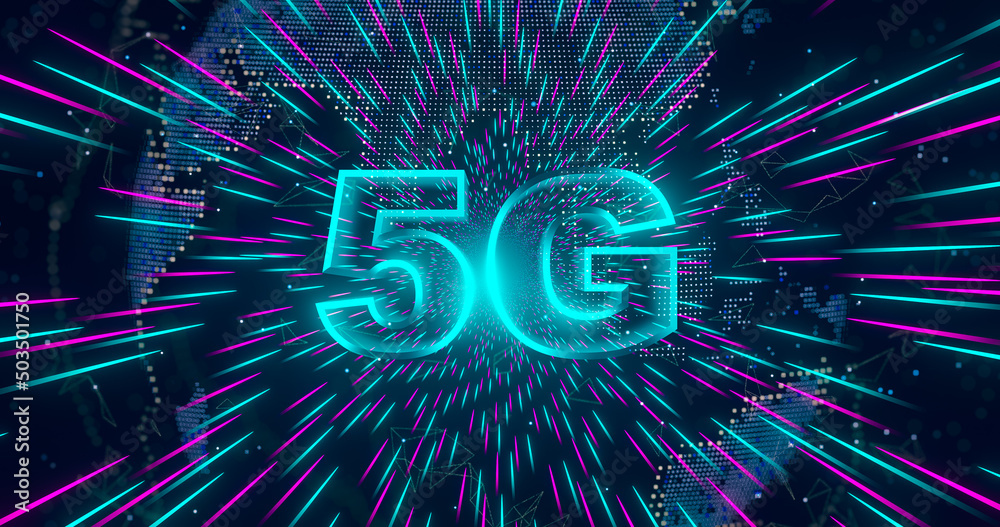 Poster 5g symbol with global internet network background. 5th generation of wireless internet connection. d