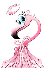 Cartoon pink flamingo angel character with nimbus pray