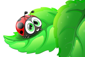 Cute funny cartoon bird adybug sitting on the green leaf
